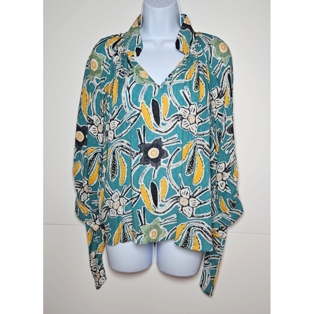 Christian Siriano Womens‎ Green Floral V-Neck 3/4 Sleeve Blouse Size Small